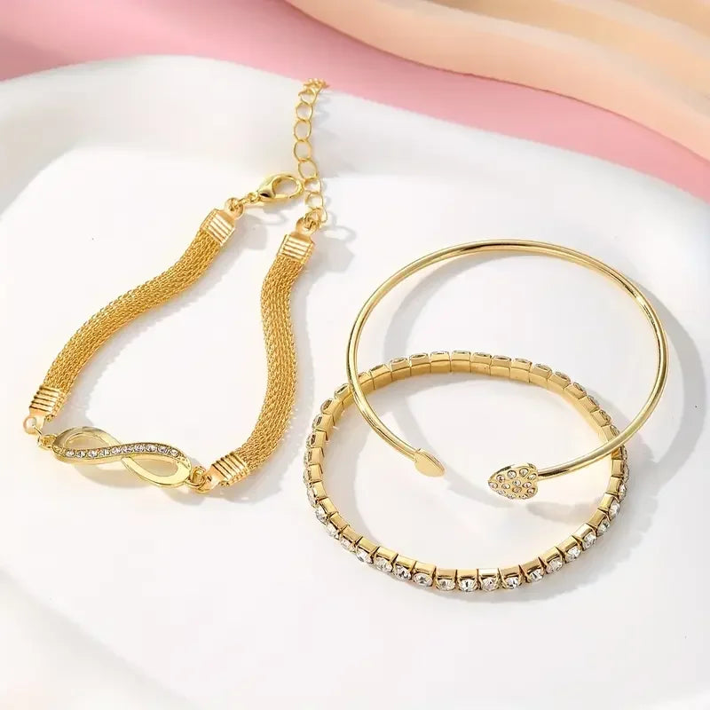 3pcs Vintage Crystal Rhinestone Heart Bracelet Set