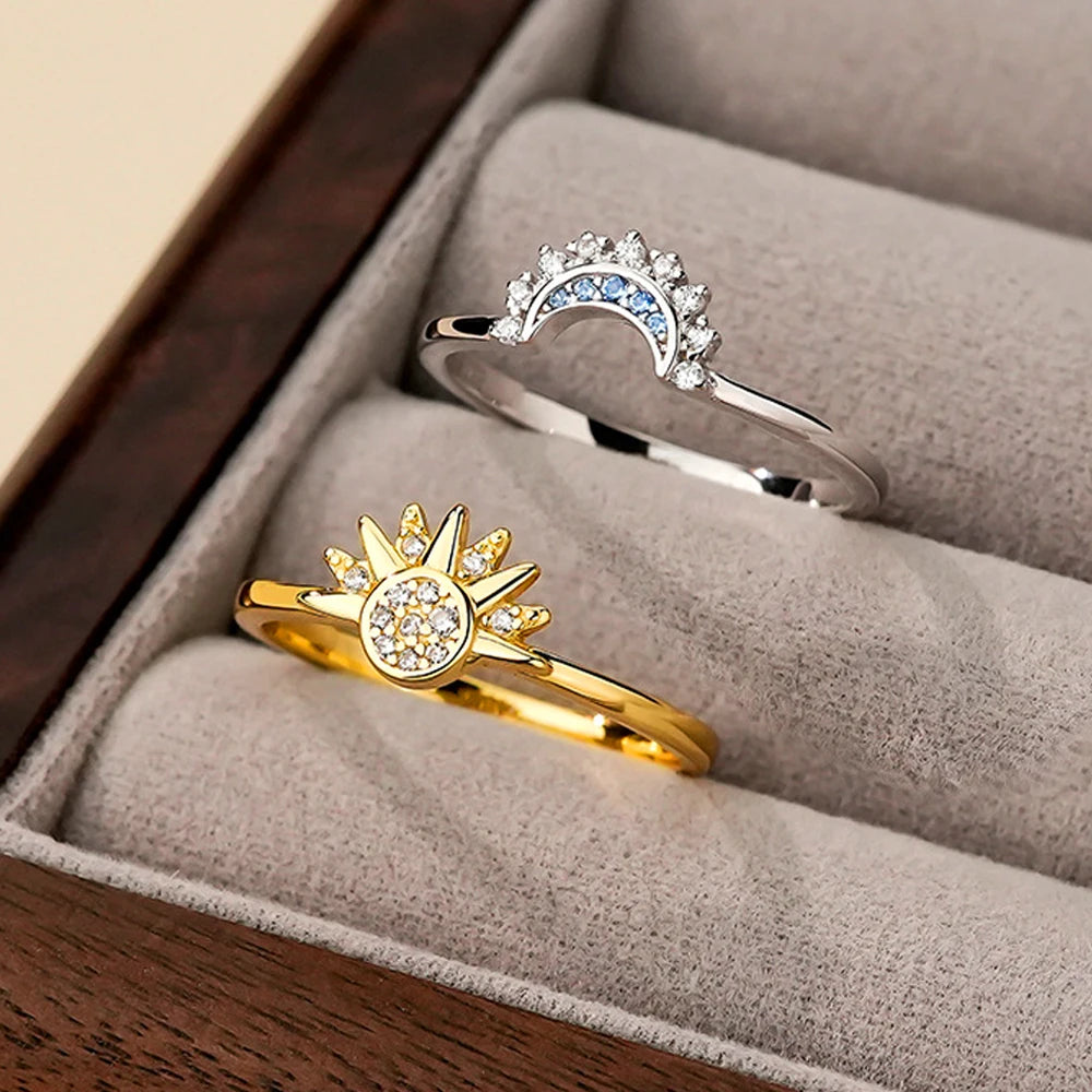 Sun & Moon Couple Ring Set — 925 Silver with Sky Blue Zirconia