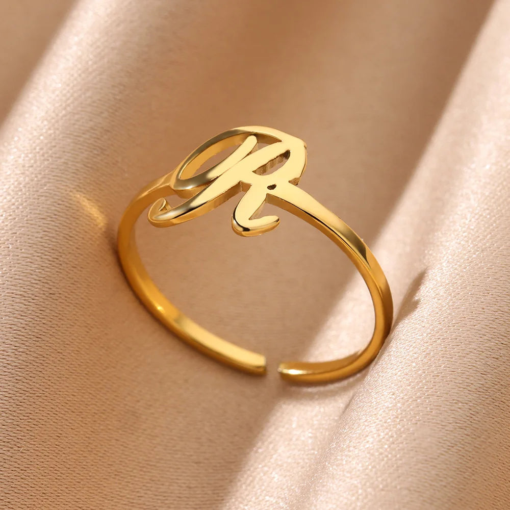 Initial Letter Ring A-Z — Gold Adjustable Stainless Steel