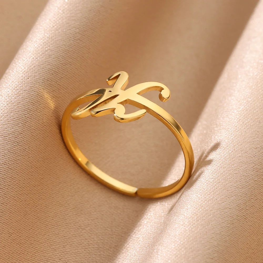 Initial Letter Ring A-Z — Gold Adjustable Stainless Steel