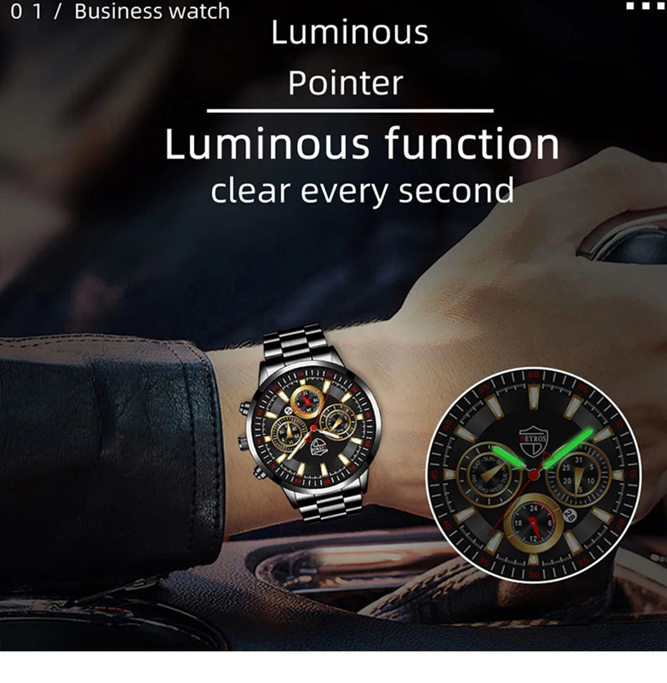 Fashion Mens Watches Set Luxury Men Sports Black Stainless Steel Quartz Watch Man Business Casual Wrist Watch