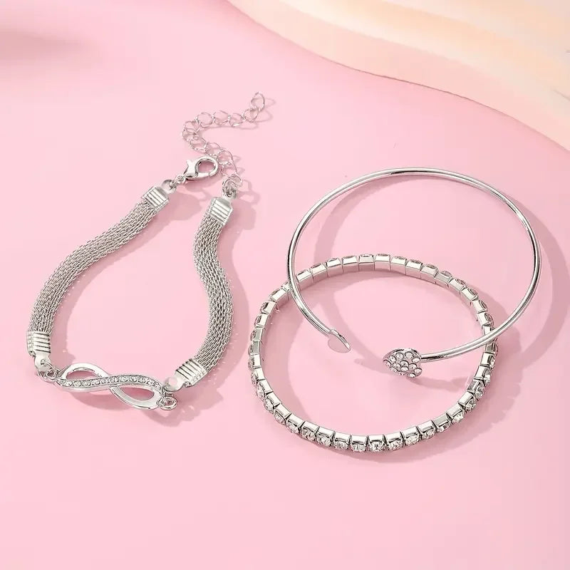 3pcs Vintage Crystal Rhinestone Heart Bracelet Set
