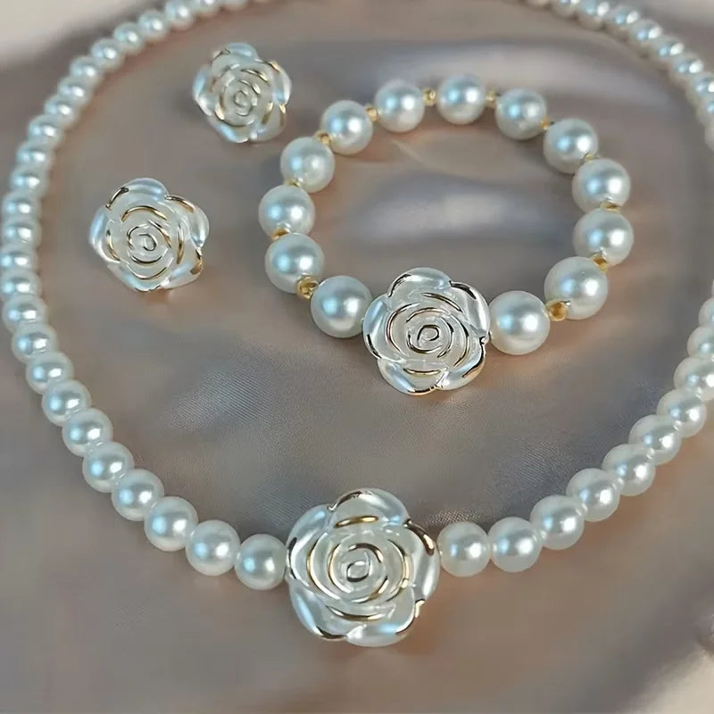 Elegant Pearl Flower Jewellery Set — Necklace, Bracelet & Earrings