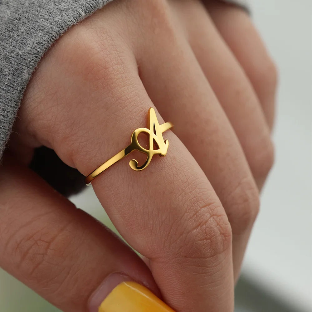 Initial Letter Ring A-Z — Gold Adjustable Stainless Steel