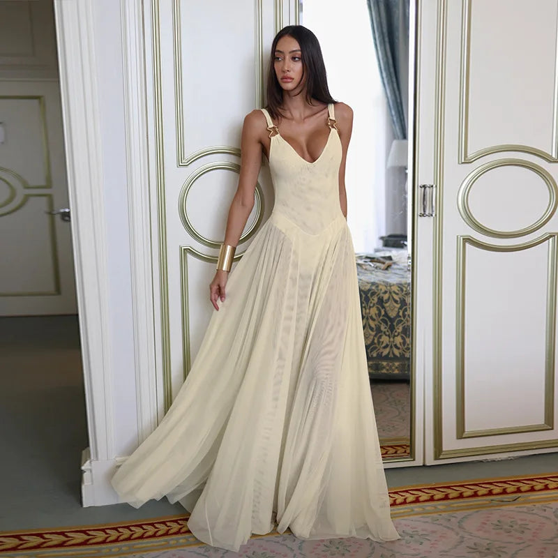 Women's Transparent Mesh Maxi Dress – Backless Beach Party Dress