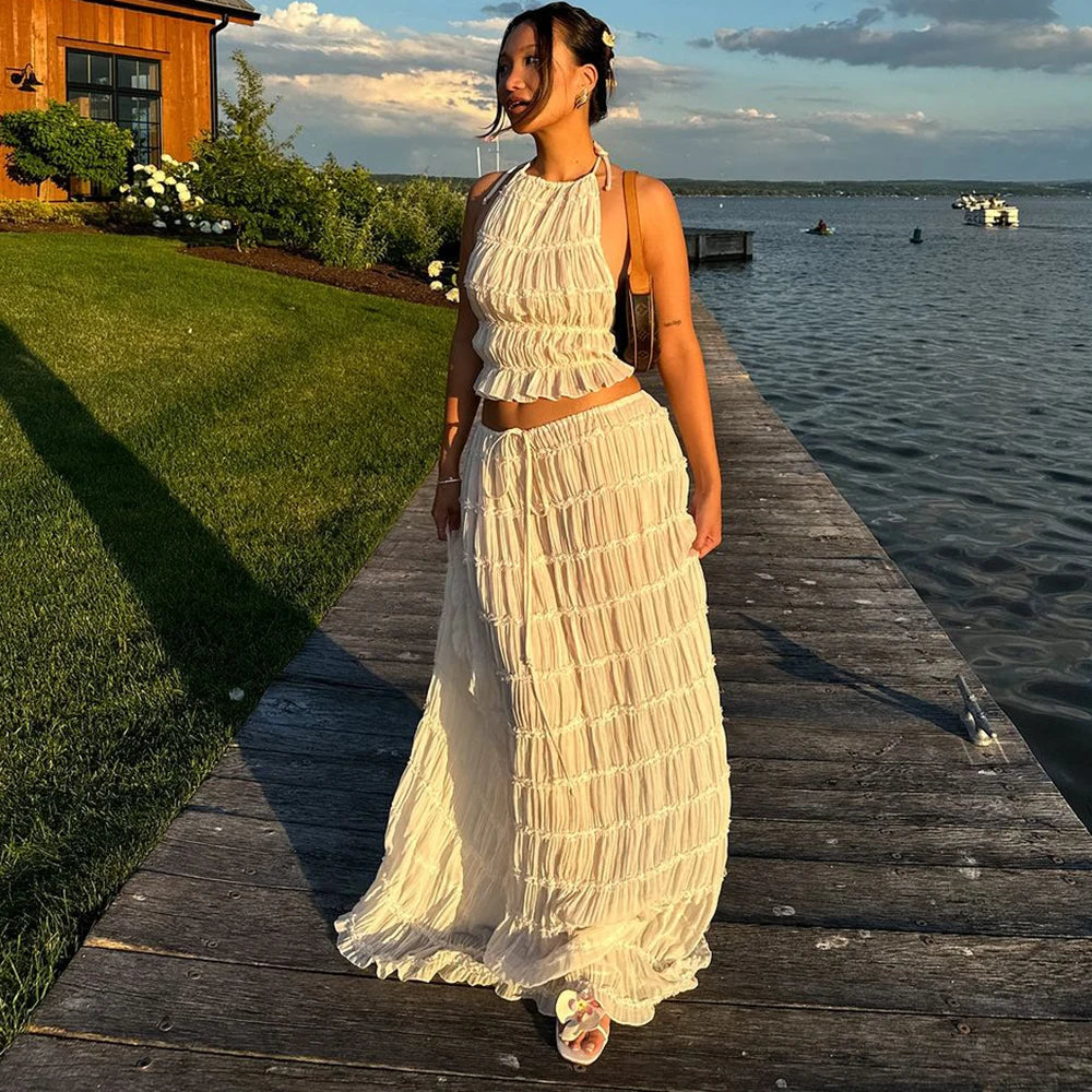 Women's Lace Halter 2-Piece Skirt Set – Backless Vest & Long Skirt