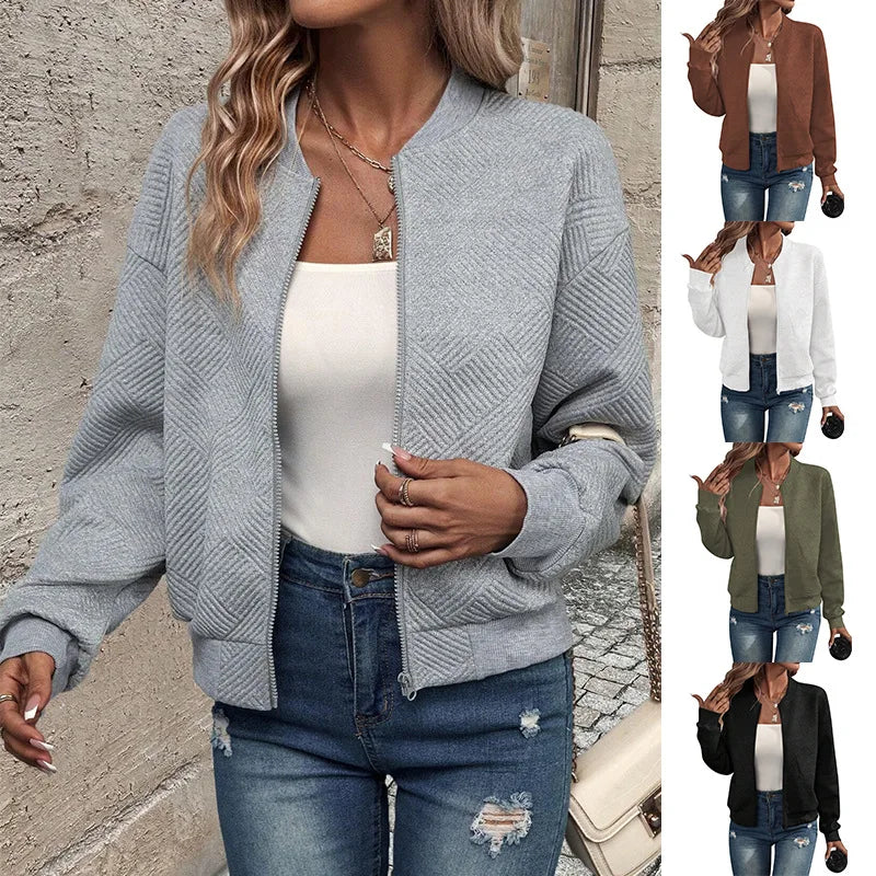Women's Zipper Baseball Jacket – Casual Solid Colour Coat