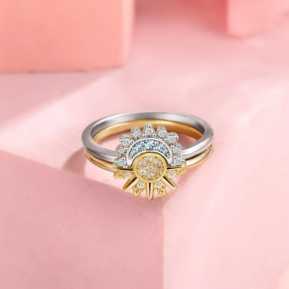 Sun & Moon Couple Ring Set — 925 Silver with Sky Blue Zirconia