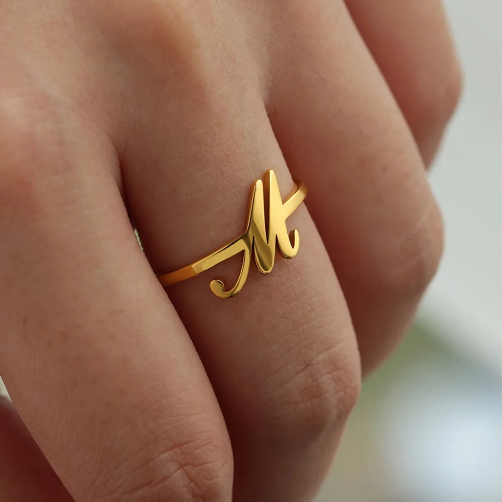 Initial Letter Ring A-Z — Gold Adjustable Stainless Steel